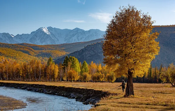 Картинка осень, пейзаж, горы, природа, река, рыбак, Алтай, Евгений Дроботенко