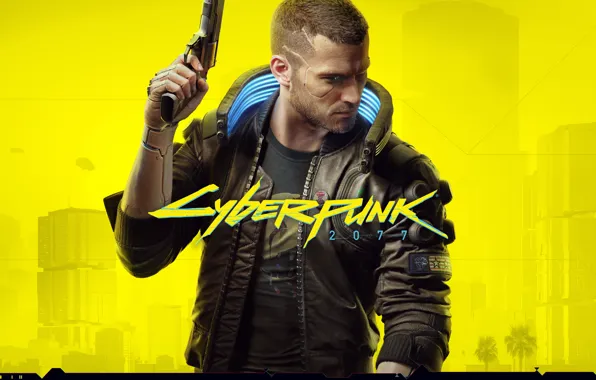 Картинка желтый, стиль, пистолет, оружие, стрижка, куртка, киберпанк, персонаж, CD Projekt RED, Cyberpunk 2077