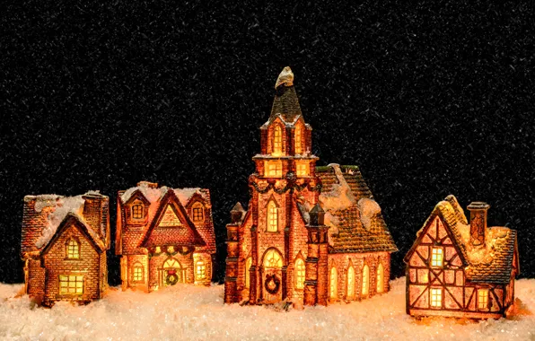 Картинка зима, свет, снег, огни, уют, темный фон, замок, праздник, игрушки, дома, Рождество, Новый год, домики, …