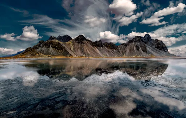 Картинка облака, горы, залив, Исландия, Iceland, Vestrahorn, Stokksnes