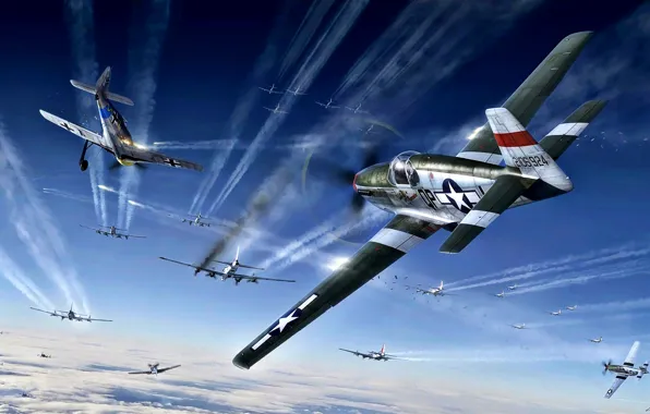 Картинка Mustang, P-51, B-17, Вторая Мировая война, Fw.190A, Война в воздухе, 4th FG, P-51B-15-NA, 334th FS, …