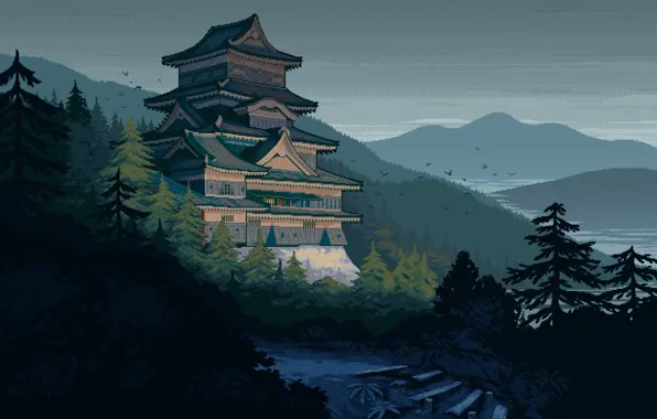 Картинка горы, птицы, река, замок, Япония, ступени, серое небо, феодальная, еловый лес, лесистые холмы