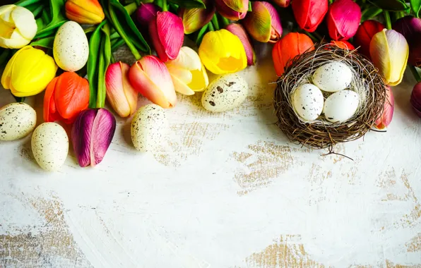 Картинка цветы, colorful, Пасха, тюльпаны, happy, flowers, tulips, Easter, eggs, крашеные яйца