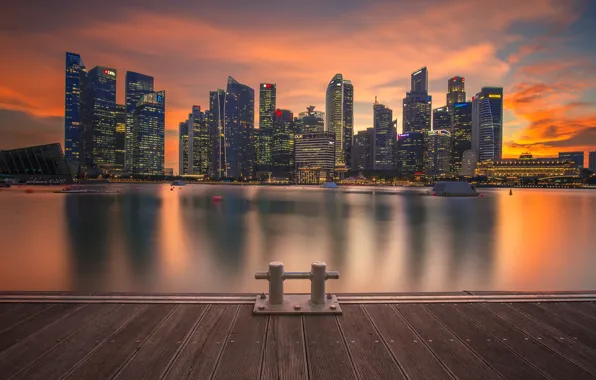 Картинка огни, дома, причал, Сингапур