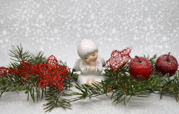 Картинка зима, снег, ветки, праздник, яблоки, игрушка, ангел, Рождество, Новый год, хвоя, звездочки, фигурка, ёлочные игрушки, …