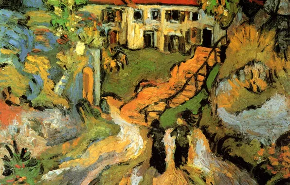 Картинка Винсент ван Гог, Village Street, and Steps in Auvers, with Two Figures