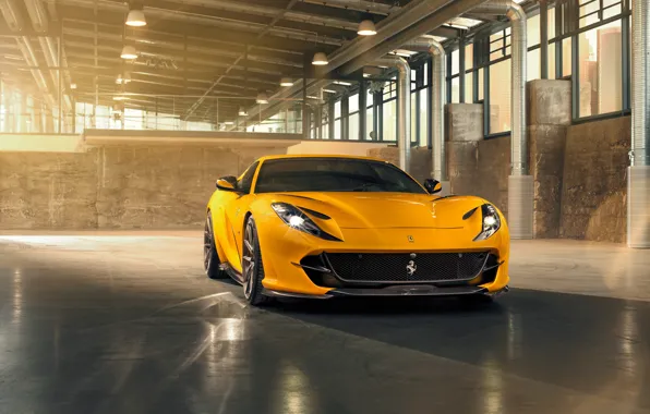 Картинка машина, свет, жёлтый, фары, ангар, Ferrari, диски, стильный, спортивный, Superfast, 812, by Novitec