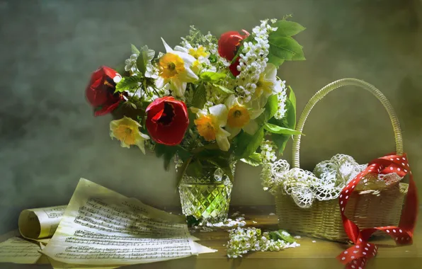 Картинка цветы, ноты, корзина, лента, тюльпаны, ваза, натюрморт, салфетка, нарциссы, черёмуха, Валентина Колова