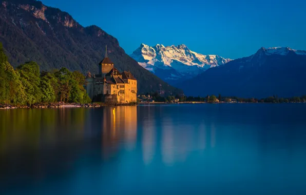 Картинка вода, горы, озеро, замок, Швейцария