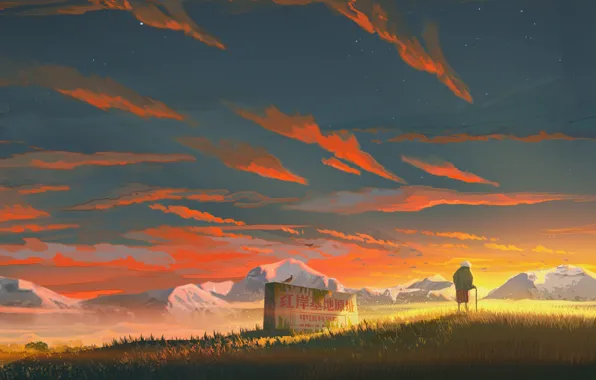 Картинка небо, закат, птицы, природа, старушка, by MORNCOLOUR