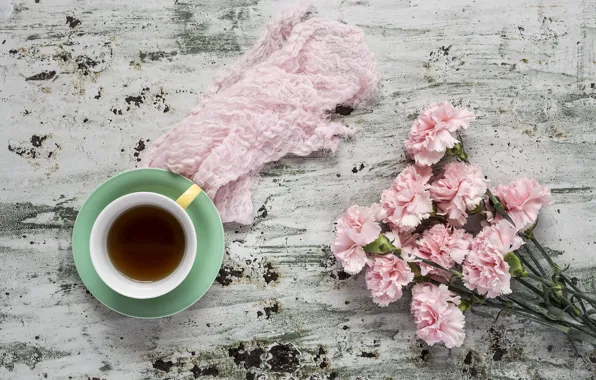 Картинка цветы, розовые, wood, pink, гвоздика, flowers, cup, coffee, чашка кофе