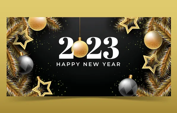 Картинка шарики, рамка, цифры, Новый год, черный фон, позолота, дата, 2023, Новый 2023 год