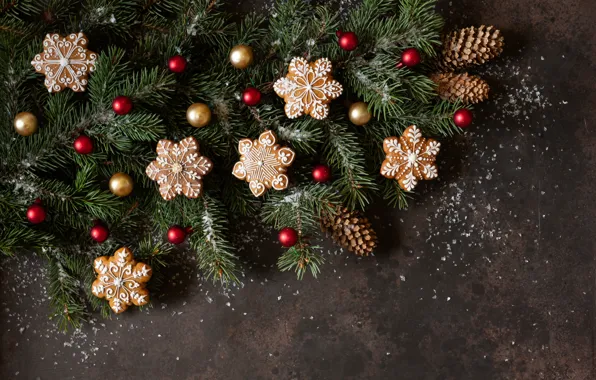 Картинка украшения, Новый Год, печенье, Рождество, christmas, wood, merry, cookies, decoration, пряники, gingerbread, fir tree, ветки …