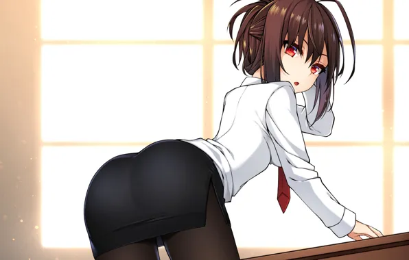 Картинка girl, sexy, ass, blouse, brown hair, anime, beautiful, red eyes, short hair, pretty, butt, attractive, …