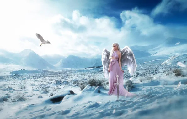 Картинка зима, поле, небо, девушка, облака, снег, полет, горы, поза, синева, холмы, птица, склоны, крылья, ангел, …