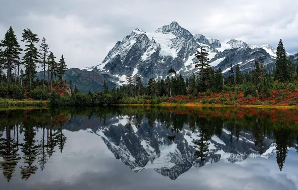 Картинка небо, облака, снег, деревья, горы, природа, озеро, скалы, USA, North Cascades National Park