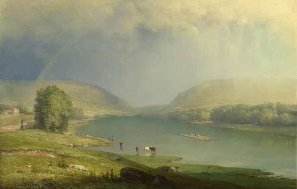 Картинка пейзаж, горы, река, радуга, картина, Джордж Иннесс, The Delaware Water Gap, George Inness