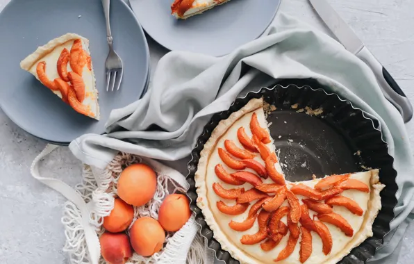 Картинка тарелка, пирог, ткань, фрукты, персики, десерт, выпечка