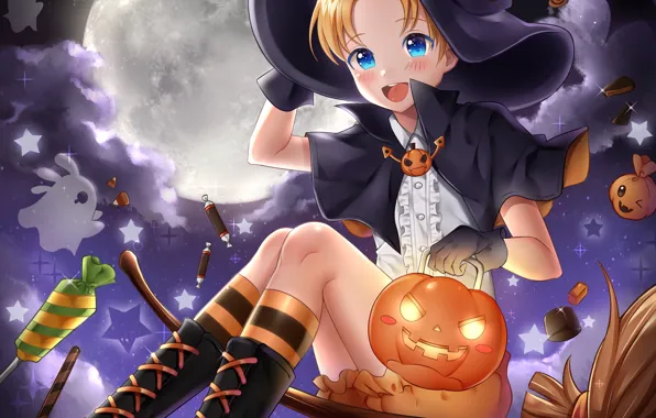 Картинка девочка, тыква, хеллоуин, ведьмочка