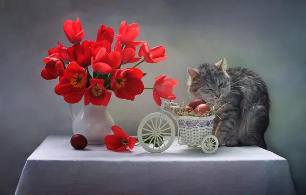 Картинка кот, цветы, стол, животное, праздник, яйца, Пасха, тюльпаны, кувшин, корзинка, скатерть, крашенки, Светлана Ковалёва