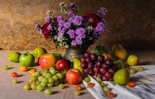 Картинка цветы, яблоки, букет, виноград, фрукты, натюрморт, груши, flowers, autumn, fruit, grapes, still life