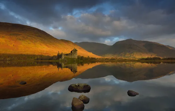 Картинка горы, отражение, камни, замок, Шотландия, водоем