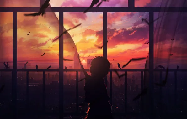 Картинка девушка, закат, птицы, окно