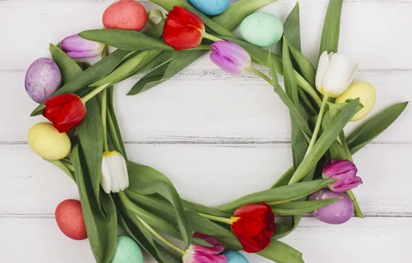 Картинка цветы, яйца, colorful, Пасха, тюльпаны, happy, flowers, tulips, eggs, easter, decoration