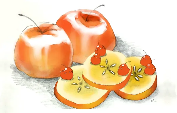 Картинка птички, на столе, красные яблоки, дольки яблока, by drawing chisanne