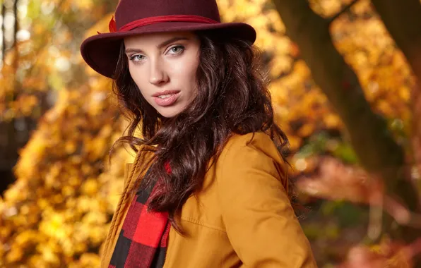 Картинка осень, взгляд, девушка, фото, шляпа