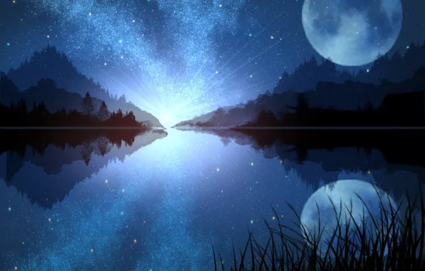 Картинка ночь, природа, озеро, луна, млечный путь