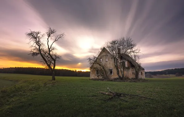 Картинка закат, дом, дерево