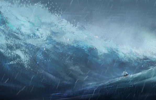 Картинка море, волны, шторм, дождь, корабль