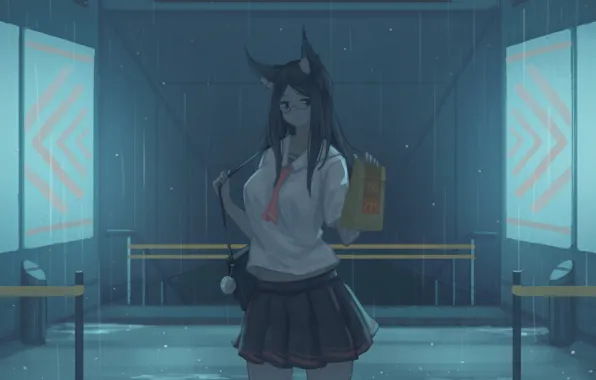 Картинка девушка, дождь, школьная форма, ушки, фаст фуд
