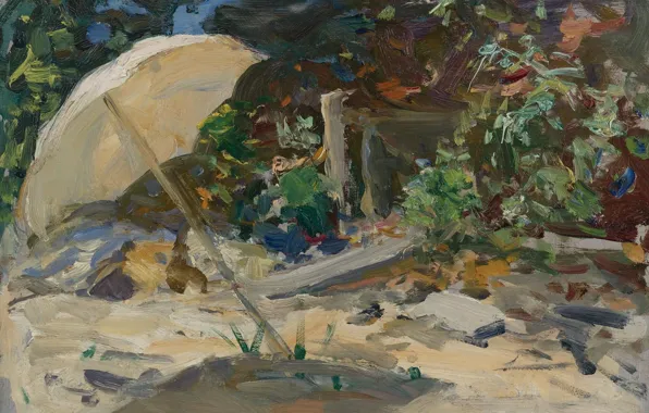 Картинка картина, зонт, Ирвинг Рамзи Уайлз, Пляж в Шиннекоке. Лонг-Айленд, Irving Ramsay Wiles