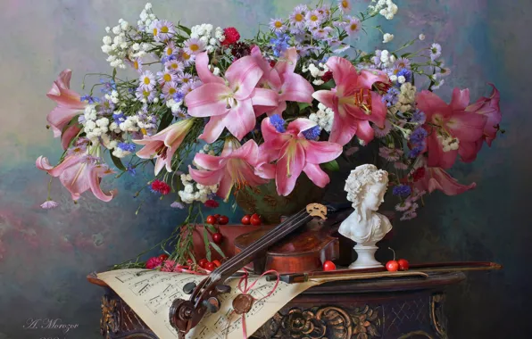 Картинка цветы, стиль, ягоды, ноты, скрипка, лилии, букет, статуэтка, натюрморт, черешня, васильки, Андрей Морозов