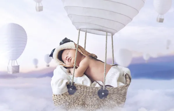 Картинка облака, воздушный шар, сон, мальчик, спит, корзинка