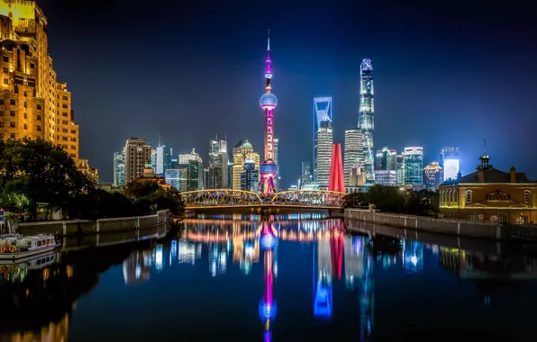 Картинка ночь, город, отражение, здания, башня, освещение, Китай, Шанхай, мостик