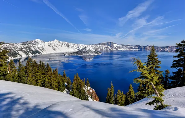 Картинка зима, снег, деревья, горы, озеро, Орегон, Oregon, Crater Lake, Crater Lake National Park, Озеро Крейтер