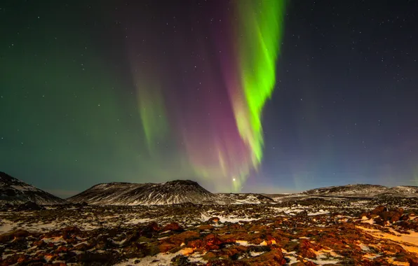 Картинка фото, Природа, Ночь, Норвегия, Холмы, Полярное сияние