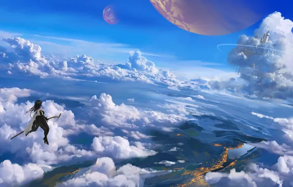 Картинка небо, девушка, облака, замок, планеты, фэнтези, посох, летит, by YDIYA