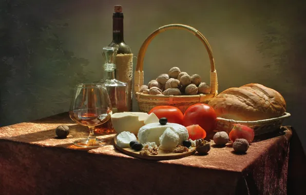 Картинка вино, сыр, хлеб, орехи, помидор, маслины