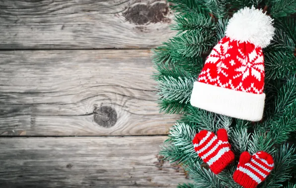 Картинка украшения, шапка, Новый Год, Рождество, christmas, wood, merry, decoration, fir tree, ветки ели