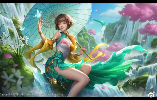 Картинка девушка, природа, бабочка, игра, зонт, аниме, водопады, Yokoyama Mitsuteru Sangokushi, Da Qiao, Sanguosha