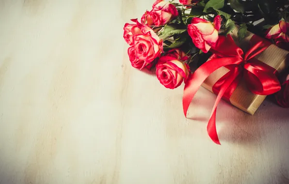 Картинка любовь, подарок, розы, букет, лента, красные, red, love, flowers, romantic, valentine's day, roses, gift box