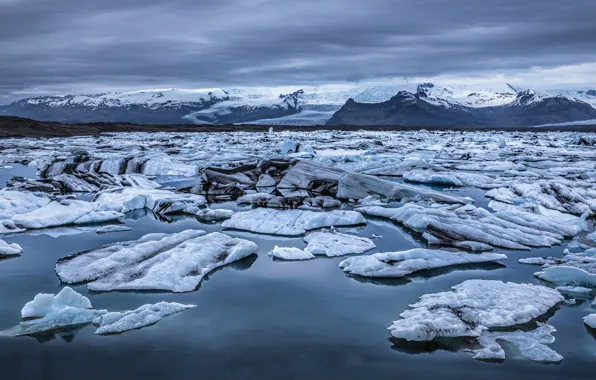 Картинка зима, горы, лёд, ледник, льдины, Исландия, водоем