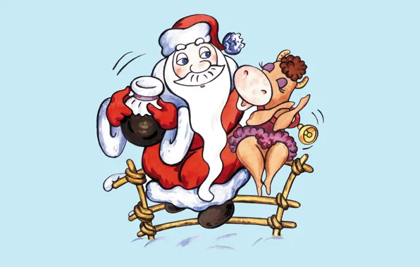 Картинка зима, снег, поза, праздник, рисунок, забор, графика, корова, молоко, Рождество, Новый год, Санта Клаус, парочка, …