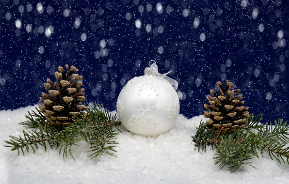 Картинка снег, праздник, шарик, Рождество, Новый год, хвоя, шишки, синий фон, ёлочные игрушки, новогодние декорации