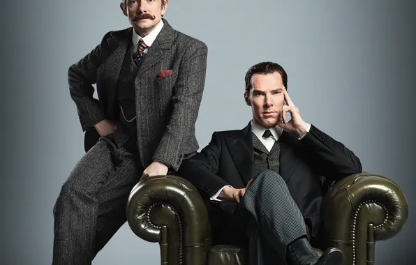 Картинка фон, кресло, Шерлок Холмс, Мартин Фримен, Бенедикт Камбербэтч, Benedict Cumberbatch, Sherlock, Шерлок, Sherlock BBC, Джон …