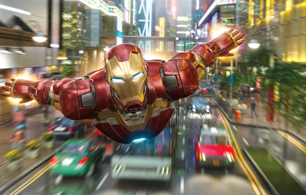 Картинка дорога, машины, город, огни, скорость, арт, костюм, полёт, Железный человек, Iron Man